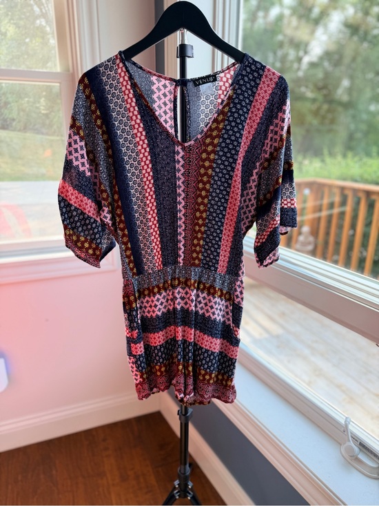 VENUS Pants - VENUS Multicolor Striped V-Neck Short Jumpsuit - Navy, Pink, Brown